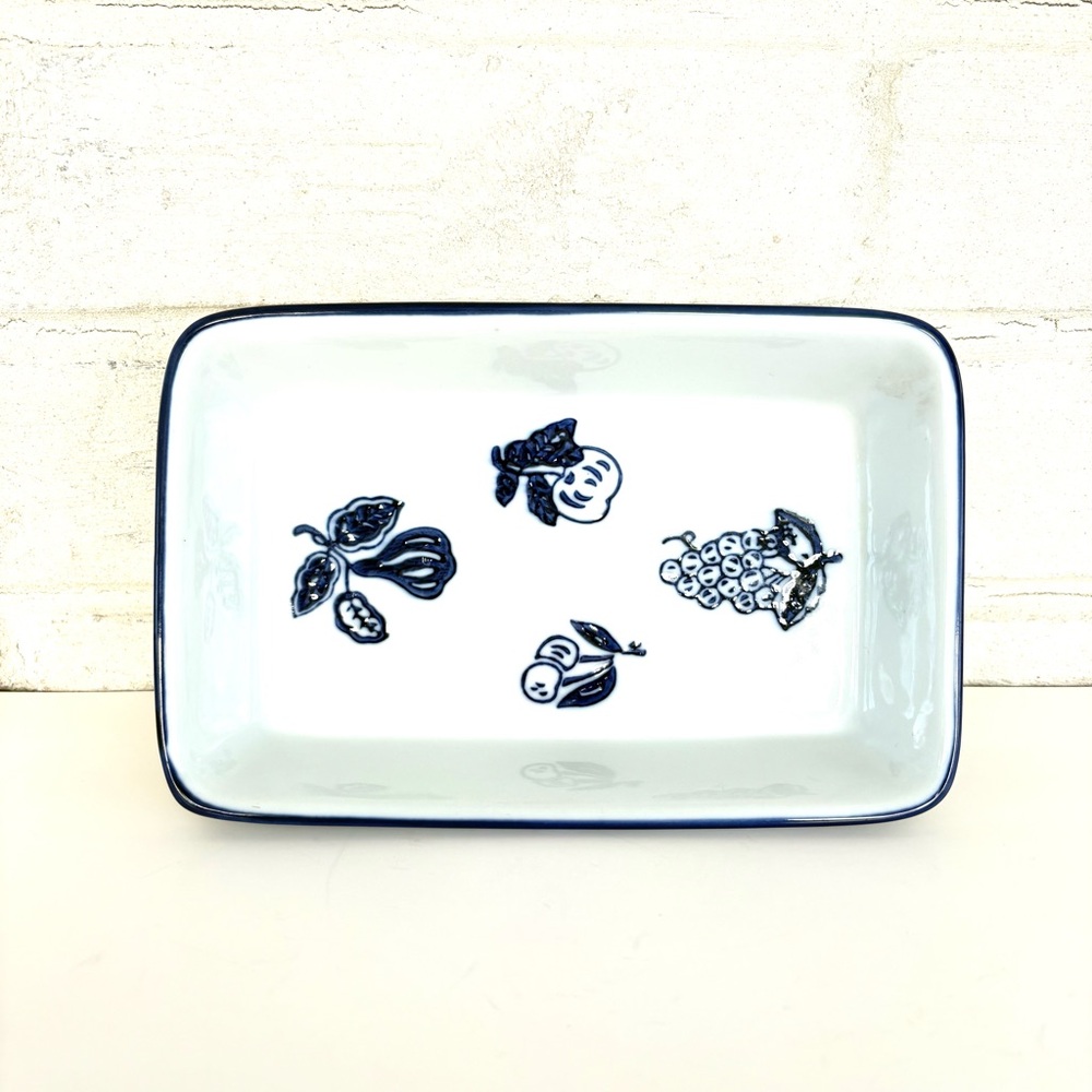White Rectangular Dish with Blue Fruit Design